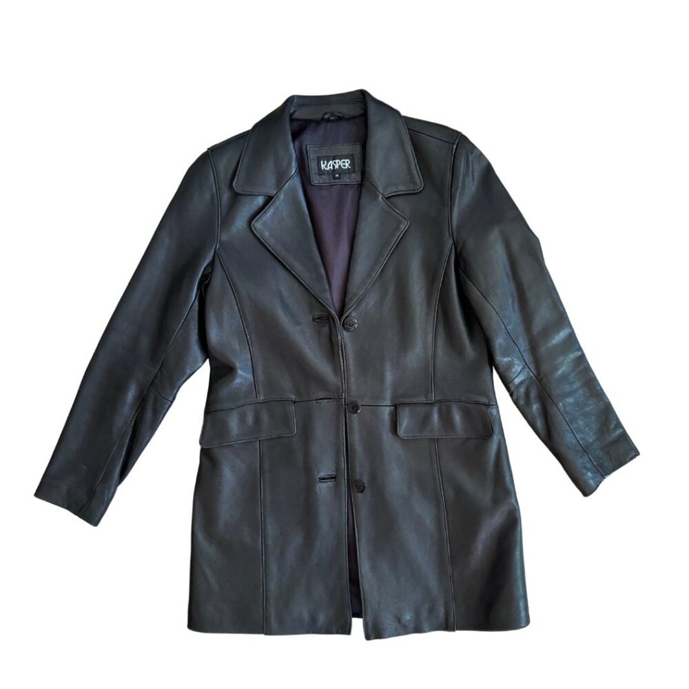 Kasper Genuine Leather vintage look button up black jacket - size Medium